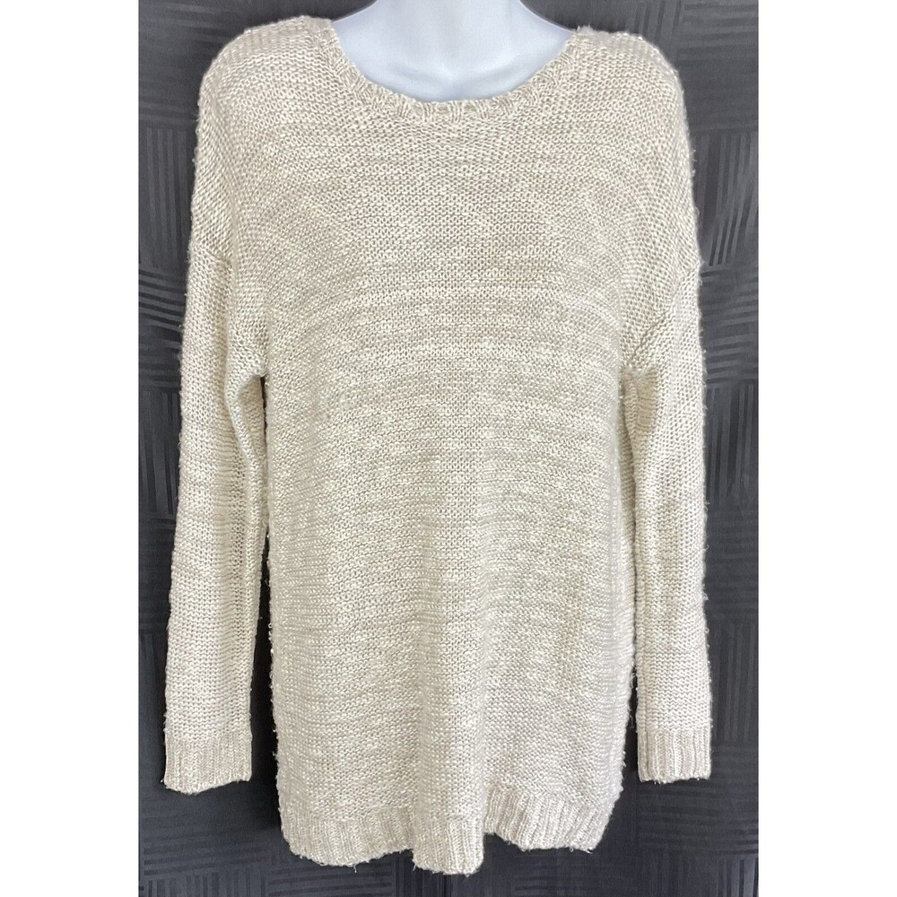 Vintage Tunic Sweater L Taupe Metallic Open Strappy Back Nubby Knit Cottage Boho